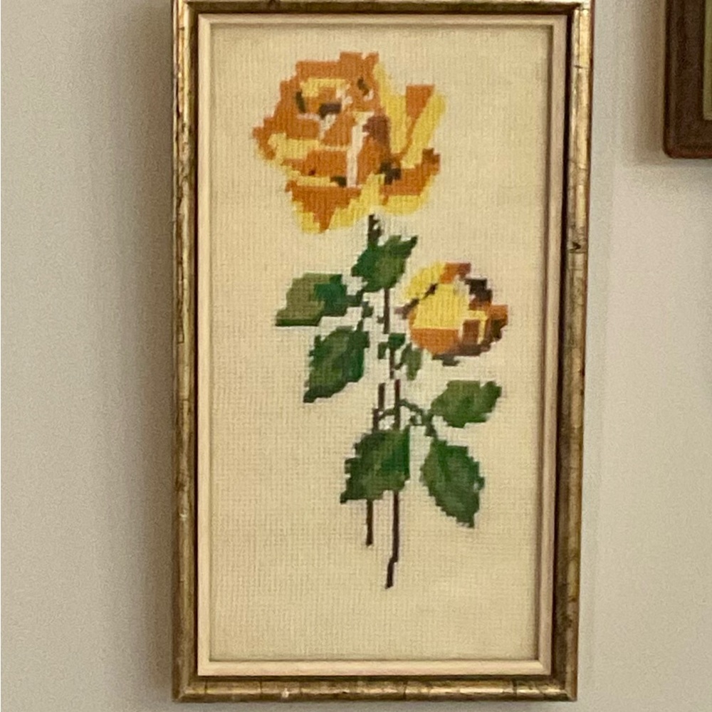 Vintage Framed Yellow Rose Cross-Stitch Art